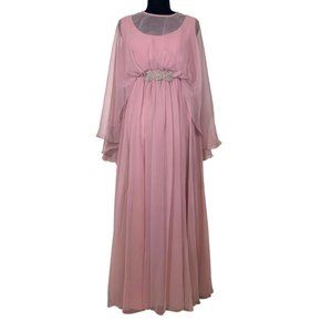 Vintage Regency Chiffon Party Dress Cape Jeweled Beaded Goddess Maxi Dress